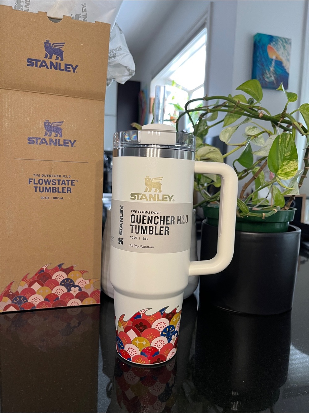 Stanley White Tumbler with Multicolor Wave Pattern 30oz.